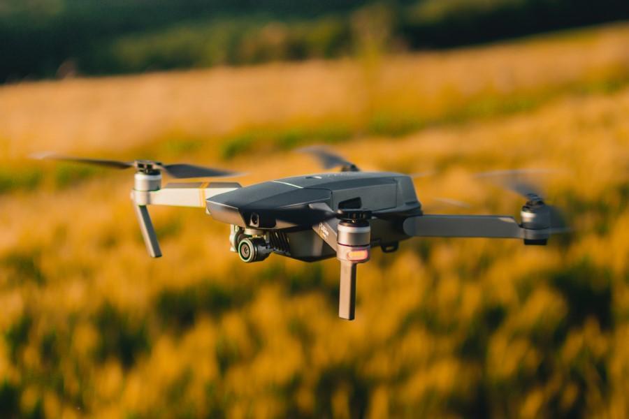 Über Maisfeld fliegender silbener Drohn